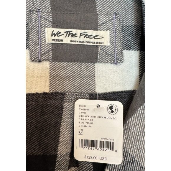 Free People M We The Free Izzie Cargo Shirt Shacket Flannel Plaid Black/Cream - Picture 8 of 11